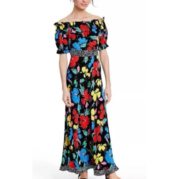 NWT Rixo x Target Womens Off The Shoulder Floral Black Multicolored Maxi Dress 0 - Picture 1 of 12